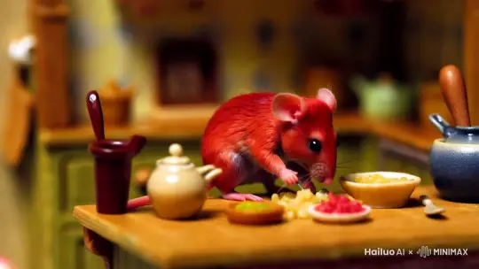 一只红色的小老鼠在炒菜 by Hailuo AI Video Generator