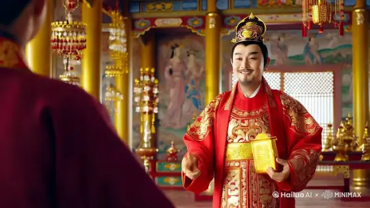 1.
财神爷的形象：
手捧金元宝：财神爷通常被描绘为手持或怀抱金元宝，象征着财富和好运。
穿着传统服饰：财神爷通常穿着古代中国的官服，颜色鲜艳，可能有金色和红色的元素。
面带微笑：财神爷通常面带微笑，表现出慈祥和善的形象。
2.
宫殿的环境：
金碧辉煌：宫殿内部装饰华丽，可能有金色的柱子和装饰物，墙壁上可能绘有精美的壁画。
宽敞明亮：宫殿内部空间宽敞，灯火通明，给人一种宏伟壮丽的感觉。
装饰细节：可能包括精美的雕刻、吊灯、以及各种珍贵的宝石和金属装饰。
3.
整体氛围：
充满富贵气息：整个场景充满了财富和繁荣的气息，象征着好运和成功。
祥和宁静：尽管宫殿金碧辉煌，但整体氛围却显得祥和宁静，给人一种安心的感觉。 by Hailuo AI Video Generator