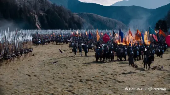 
咚咚的战鼓，声震四野；熊熊的篝火，映红千山。闪光的戈矛，
好像严霜遍地；五色的旗帜，如同云霞蔽空。到处张起了天罗地网，
四下布满了千军万马。六军将士严阵以待，好像面临一次真正的战
争。镜头由远拉近,特写战马的马头.
 by Hailuo AI Video Generator