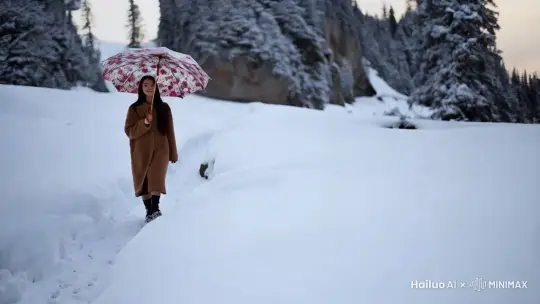 山路，大雪，一个年轻的女子。打着一把花伞在路上慢慢的走着。 by Hailuo AI Video Generator