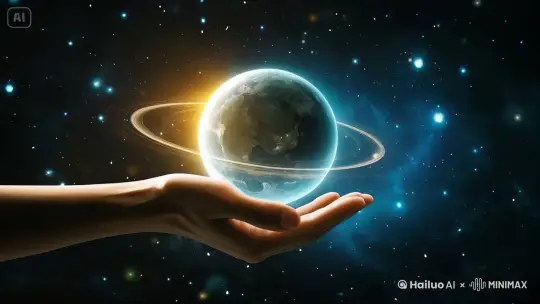 宇宙星辰，氛围光照，动态变化，手捧行星，科幻，画面氛围神秘梦幻 by Hailuo AI Video Generator