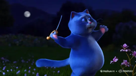 一个蓝色的胖猫在月光下舞剑 by Hailuo AI Video Generator
