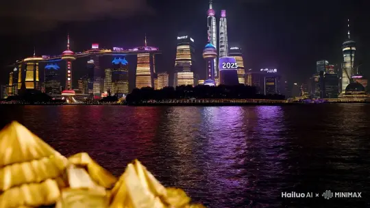 hello kitty在上海外滩跨年，2025年财源滚滚，画风金灿灿的，钱币堆成山 by Hailuo AI Video Generator