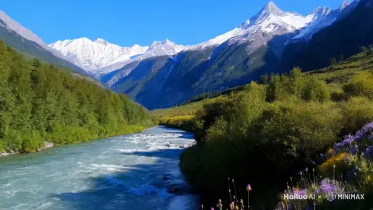群山环抱之下,江河奔流不息,气势如虹.仿佛进入仙境,如梦如醉 by Hailuo AI Video Generator