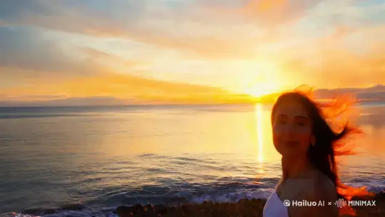 日落，一位女子伫立在海边，微风吹过，她的头发飞扬，旁边就是大海 by Hailuo AI Video Generator