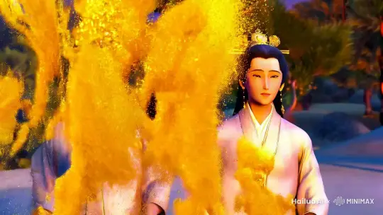 镜头由近拉远，金粉从空中缓慢飘落，两个主体人物缓慢望向正面镜头并点头鞠躬，然后完美谢幕。“完美细节”“8K画质”“流光溢彩” by Hailuo AI Video Generator