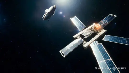 火箭在太空中撞到空间站爆炸，形成许多碎片 by Hailuo AI Video Generator