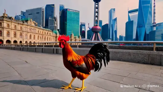 高质量的，画质8k，一只普通的大公鸡在外滩街道走动，然后变成了一只黑色的远古巨龙飞到空中，从口中喷射出火焰，火焰变成了2020新年快乐这几个字 by Hailuo AI Video Generator
