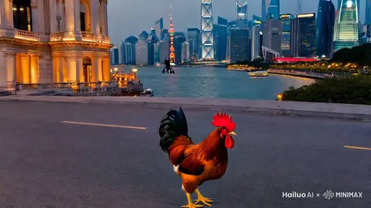 高质量的，画质8k，一只普通的大公鸡在外滩街道走动，然后公鸡被一辆兰博基尼撞飞到了空中变成了一只黑色的飞龙，喷射出了火焰，火焰变成了2025新年快乐 by Hailuo AI Video Generator