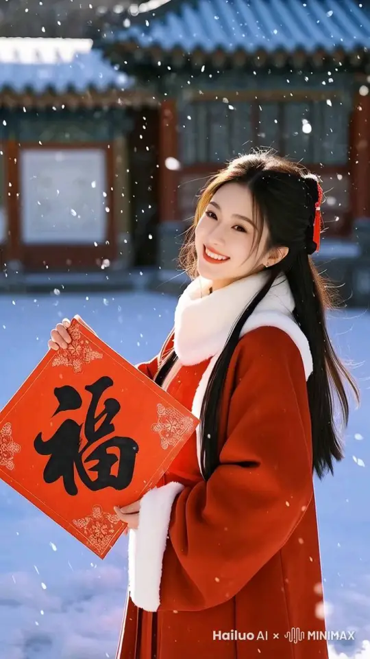远景 - 冰雪覆盖的山脉
画面描述：镜头从高空俯瞰，一片银装素裹的雪山，冰雪覆盖的山脉连绵不绝，天空微微泛着晨曦的光芒。
然后镜头转到这个美女恭贺新春
镜头运动：缓慢的俯冲镜头，从高空逐渐下降到地面。 by Hailuo AI Video Generator