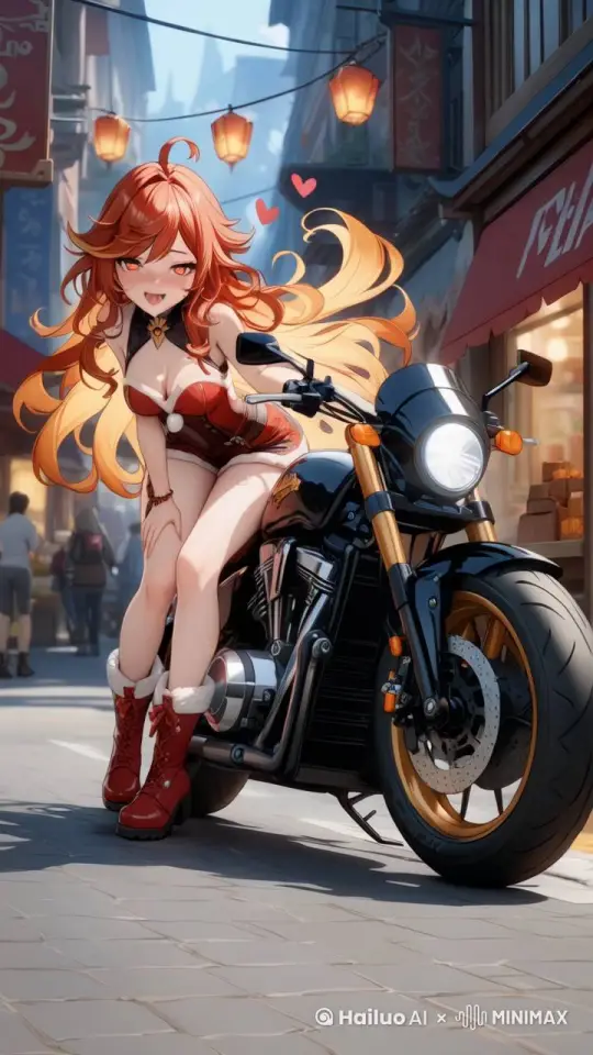 红发少女靠在摩托车上，举起右手向屏幕招手，然后用手撩了一下头发，骑上摩托车飞驰离去 by Hailuo AI Video Generator