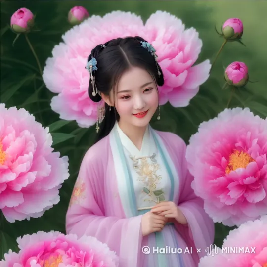 一个美女在欣赏牡丹花 by Hailuo AI Video Generator