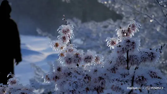 雪落静无声，
寒梅挂玉冰。
北风摇瘦影，
独步待春明。 by Hailuo AI Video Generator