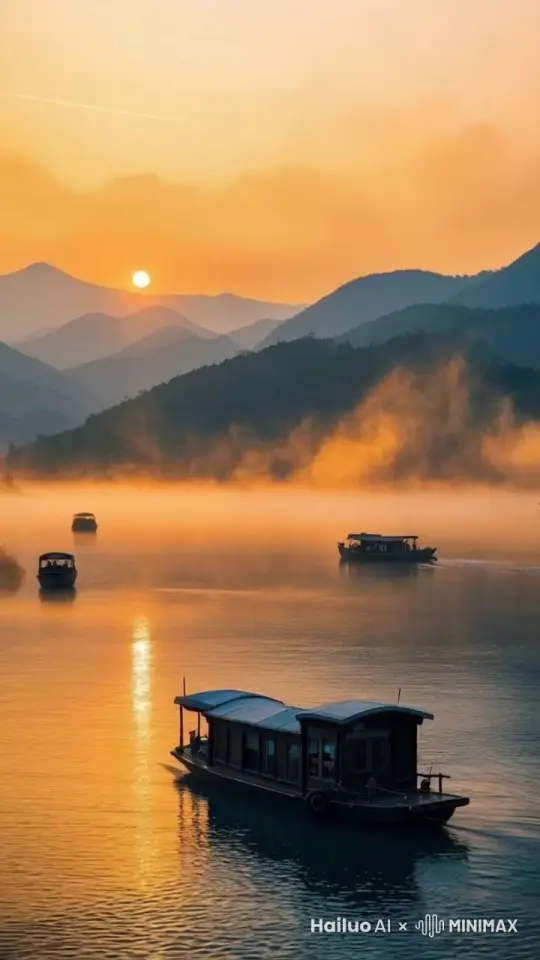 船缓缓行驶，荡漾着水波，夕阳西下，两＂、小鸟飞向远方 by Hailuo AI Video Generator