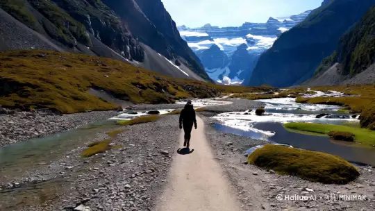 一个人前行节奏感更好！翻过碎石路以后，是一条河谷！两边高山耸立！脚下的路比较松软，偶尔有片片的水洼，还有曲折的小溪，雪山融化 顺流而下的小瀑布！ by Hailuo AI Video Generator