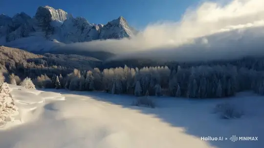 镜头以与地面成45度角的姿态，超广角镜头；在深冬寒冷崇山峻岭中，在暴风雪的山沟里向山沟深处高速飞行，镜头随地势起伏；雪野，雾凇，纯净的仙境的意境，崇山峻岭，厚厚的积雪，深冬寒冷的冰面，清晨阳光的照射使淡淡的白气折射出多彩的光芒。背景是连绵不断的千里冰封的山脉，万里雪飘的大地。壮阔的景象。 by Hailuo AI Video Generator