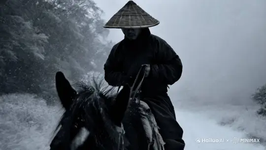 一个戴着斗笠的人骑着一匹马飞奔在漫天飞雪之中，镜头下雪花越来越大，黑白意境 by Hailuo AI Video Generator