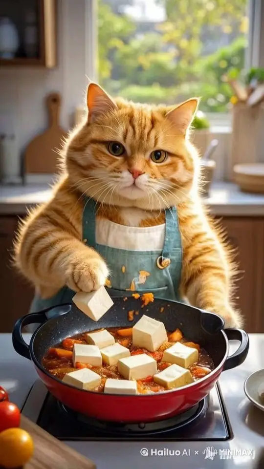 一只拟人化的真实大橘猫，写实拍摄，拿锅铲做红烧豆腐8K高清动物真实拍摄 by Hailuo AI Video Generator