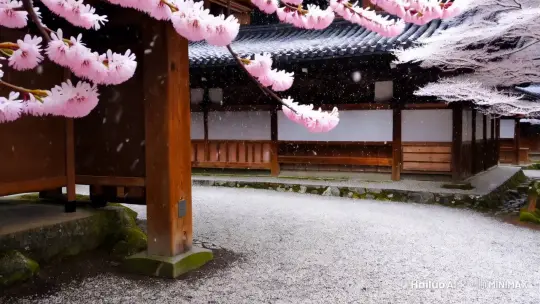庭院里的梅花在满天的雪花中摇曳， by Hailuo AI Video Generator