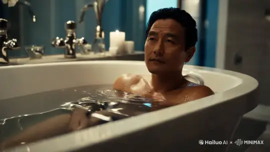 一个亚洲猛男从浴缸的水面上慢慢露出头来。超清画质，摄影质感。3:4 by Hailuo AI Video Generator