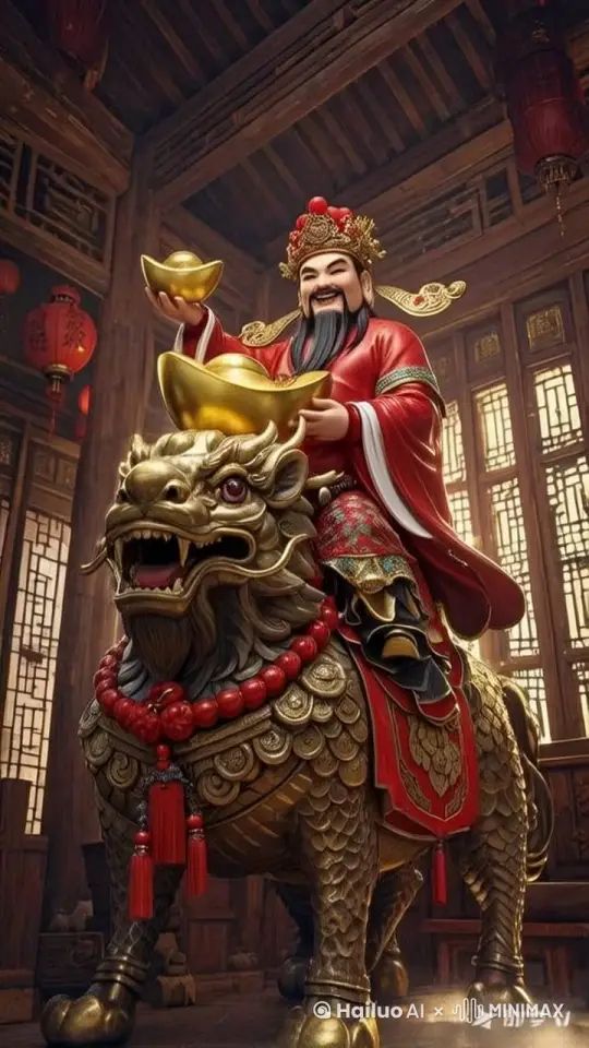 在中国传统古建筑的庄重殿堂内，中国财神喜气洋洋，双手牢牢捧着金元宝置于胸前，身子微微侧倾，似在呵护珍贵财宝。他骑乘威武的麒麟，双腿自然下垂，轻轻贴靠麒麟侧身，双手拉着缰绳，引导麒麟徐徐前行。财神身着的红色喜庆衣服庄重而华丽，随风轻扬。周围金币如繁星般密集洒落，财神时而转头张望，时而伸手抓取空中飘落的金币，脸上洋溢着幸福与喜悦。。 by Hailuo AI Video Generator
