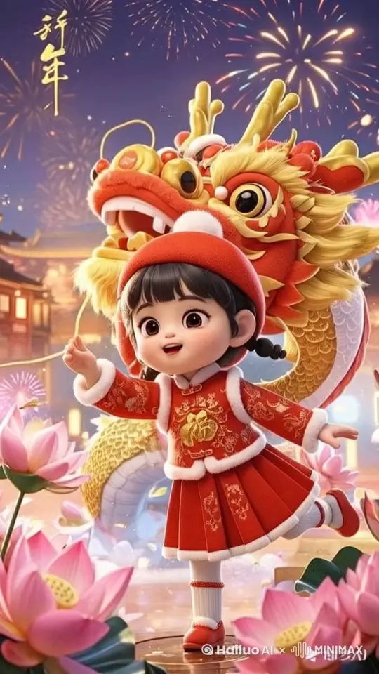 空中的烟花五彩缤纷地绽放着，龙狮的头摇摆着似乎在向大家拜年，小女孩开心的手舞足蹈着，周边的荷花被风吹动着，寓意着好运莲莲 by Hailuo AI Video Generator