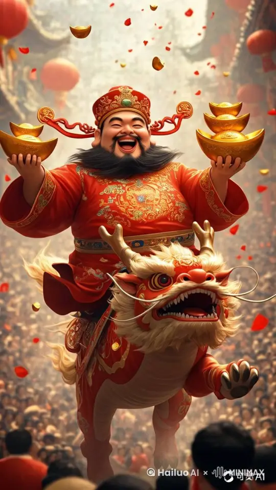 在中国传统古建筑的庄重殿堂内，中国财神喜气洋洋，双手牢牢捧着金元宝置于胸前，身子微微侧倾，似在呵护珍贵财宝。他骑乘威武的麒麟，双腿自然下垂，轻轻贴靠麒麟侧身，双手拉着缰绳，引导麒麟徐徐前行。财神身着的红色喜庆衣服庄重而华丽，随风轻扬。周围金币如繁星般密集洒落，财神时而转头张望，时而伸手抓取空中飘落的金币，脸上洋溢着幸福与喜悦。面向镜头  骑过来 by Hailuo AI Video Generator