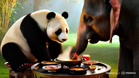我想要做一个熊猫和大象坐在一起喝酒吃火锅的视频
 by Hailuo AI Video Generator