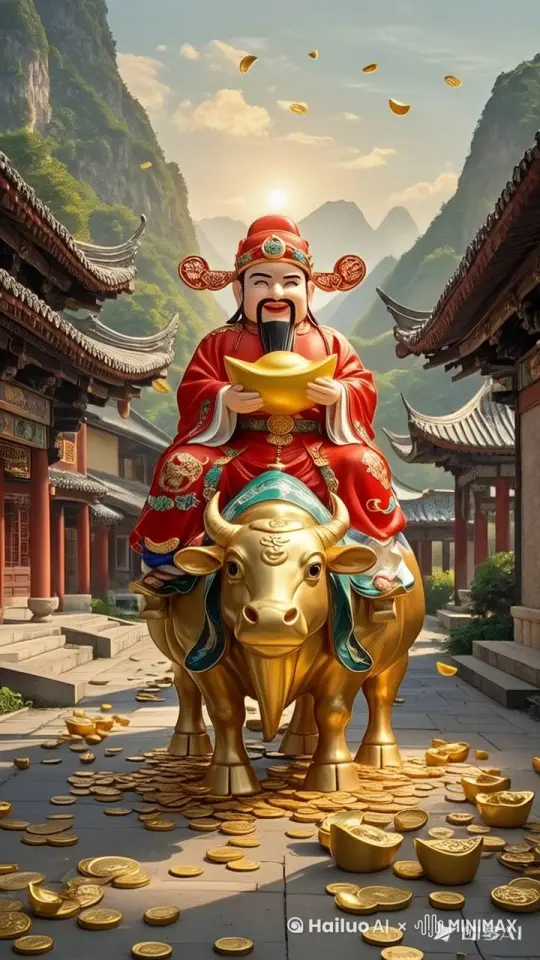  金牛奔跑 骑过来，中国财神喜气洋洋，双手牢牢捧着金元宝置于胸前，身子微微侧倾，似在呵护珍贵财宝。他骑乘威武的麒麟，双腿自然下垂，轻轻贴靠麒麟侧身，双手拉着缰绳，引导麒麟徐徐前行。财神身着的红色喜庆衣服庄重而华丽，随风轻扬。周围金币如繁星般密集洒落，财神时而转头张望，时而伸手抓取空中飘落的金币，脸上洋溢着幸福与喜悦。面向镜头 金牛奔跑 骑过来 by Hailuo AI Video Generator
