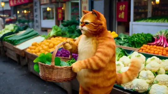 写实风格，全景，全身，侧面，一只拟人化的巨大胖橘猫，像人类一样站在菜摊前，一只手提着藤编篮子，篮子装着少量上海青菜，另一只手在菜摊上拿起一个花椰菜，背景是一个无人的菜市场，市场中摆放着各种蔬菜的摊位，有花椰菜、卷心菜等，色彩丰富，充满了生活气息。周围有店铺和灯光。画面比例为4:3。 by Hailuo AI Video Generator