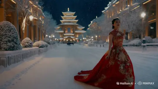 视频高清展示了一位身材曼妙、五官精致的中国美女身着中式华丽性感的晚礼服，优雅地漫步在冬季下雪的哈尔滨中央大街上。雪花轻轻飘落在她精致的礼服上，与周围被白雪覆盖的欧式建筑相映成趣，构成一幅浪漫唯美的画面。她的步伐轻盈，微笑着慢慢的走近镜头，背景音乐轻柔，增添了场景的梦幻感。 by Hailuo AI Video Generator