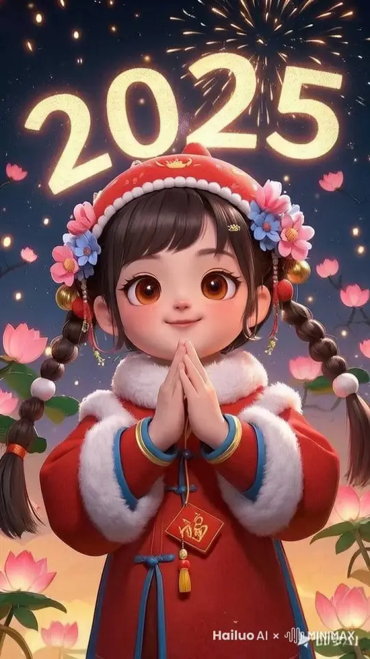 空中的烟花五彩缤纷地绽放着，空中的2025的烟火字影慢慢显画出来，小女孩双手合十向大家开心地拜年祝福，周边的荷花被风吹动着 by Hailuo AI Video Generator