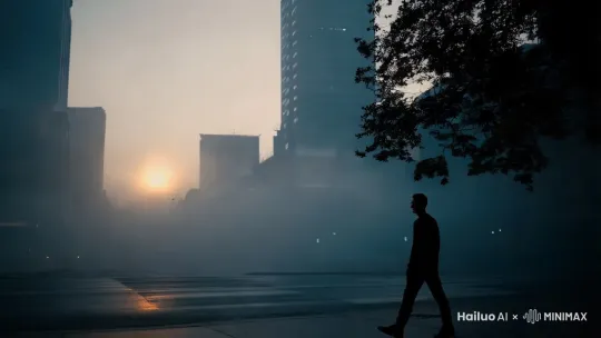 清晨的都市，灰蓝色的天空，雾气弥漫。高楼大厦间，一个男人独自走在空荡的街道上，影子被拉得很长。暖光从建筑的缝隙中透出，洒在他的肩头 by Hailuo AI Video Generator