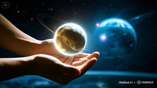 手指微动，星球悬浮，动态变化，梦幻，星辰粒子特效，史诗级画面，画面氛围神秘科幻，星球运转，穿梭宇宙星辰 by Hailuo AI Video Generator