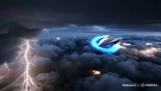 画面开始于高空云层之间，厚实而乌黑的云层在广阔的天空中剧烈流动，偶尔还有闪电出现。一艘流线型的未来科技飞船在云层中急速穿行，银灰色金属外壳在偶尔出现的照射下闪烁着微弱的蓝色光芒。推进器喷射出的淡蓝色能量光焰在黑暗的云层中显得格外明亮，给人一种神秘而宁静的感觉。镜头从云层上方俯视，缓慢向下推进，模拟从高空俯瞰飞船的视角。镜头跟随飞船的运动轨迹，时而环绕飞船旋转，展现其全貌。飞船速度不断加快，突然在飞船行进的路线前面出现一个漆黑的黑洞，黑洞周围光线扭曲，形成引力透镜效果。下一秒飞船驶入黑洞，黑洞随之化为点点星光也消失的无影无踪。阴天神秘科幻电影风格4K by Hailuo AI Video Generator