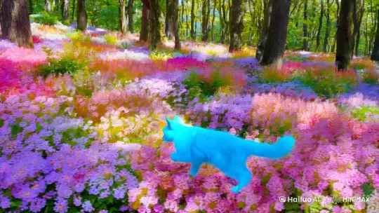 一只蓝猫笑着在满是花朵的森林奔跑 by Hailuo AI Video Generator
