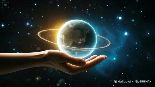 手指微动，星球悬浮，动态变化，梦幻，星辰粒子特效，史诗级画面，画面氛围神秘科幻，星球运转，穿梭宇宙星辰 by Hailuo AI Video Generator