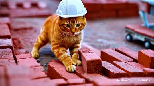 一只橘色的猫，戴着小小的安全帽，在一个堆满红色砖头的建筑工地上。它用嘴叼起一块砖，表情很认真，迈着小碎步把砖搬到小推车上。” by Hailuo AI Video Generator