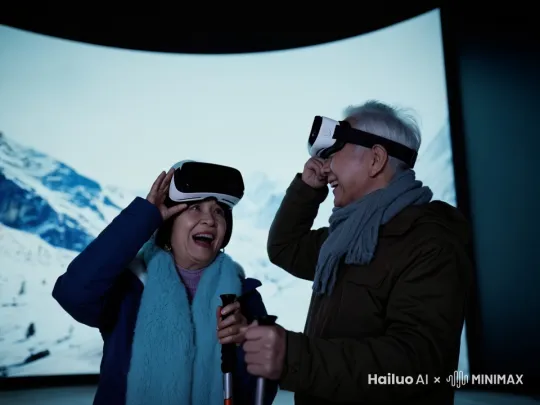 2个花白头发的中国老人正在体验VR滑雪。在微弱灯照的室内，巨幕高山雪景、险峻赛道的背景中，女老人面露怯色，男老人看向女老人，露出兴奋的笑容，低角度拍摄，摄影风格，固定镜头 by Hailuo AI Video Generator