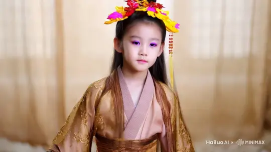 16:9，少女婴儿肥的脸， 眼眸紫色，眉毛上画着淡妆，长发披肩，秦朝汉服，束腰束腰上挂着。犹如花瓣般的黄，红，粉编织成的花朵（类似于五芒星，不过是圆弧状的。）衣袖飘飘衣袖上绣着金色装饰，边缘还带着褐色衣袂，披帛分为两层，上层稍细是粉红色的，下层稍宽是井字形的图案，连接束腰向着树腰下延伸，犹如丝带飞舞，两边都有，手指修长乳白色，衣裙向下直到脚踝,手部修复) by Hailuo AI Video Generator