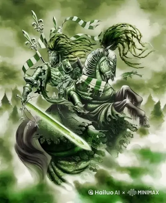 绿色的骑士高举起手中的长剑，周围的雾气涌动隐约可见雾中敌人的身影 by Hailuo AI Video Generator