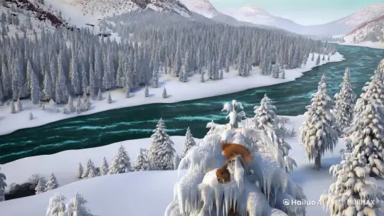绝美冬景，全景构图。第1 - 2秒，山川被雪覆盖（主体：山川；环境：雪地；景别：大全景；运镜：平移；光影：自然光；氛围：宁静；色彩风格：银白主调），挂满冰凌的树木在侧（陪体：树木；陪体一致性：位置分散在山川间，白色冰凌），松鼠跳跃（主体运动：跳跃；速率：正常；角色一致性：棕色毛发，灵动活泼，雪地环境）。第3 - 4秒，雪花飞舞（运动：飘落；运镜：推进；视角：俯拍），小鹿觅食（主体：小鹿；动作：觅食；色彩风格：与雪景融合）。第5 - 6秒，小动物嬉戏（主体运动：嬉戏；镜头语言：固定镜头；速率：稍快），阳光洒雪地（光影：侧光；色彩风格：明亮），画面定格全景。 by Hailuo AI Video Generator