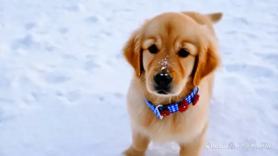 一只浅金色的小狗，是金毛寻回犬。小狗的鼻子上沾有一些雪，显得非常可爱。它戴着一条蓝白格子的项圈，项圈上有红色的装饰物。小狗站在雪地上，眼睛一眨一眨的还在笑。背景是白色的雪地，给人一种寒冷但温馨的感觉。 by Hailuo AI Video Generator