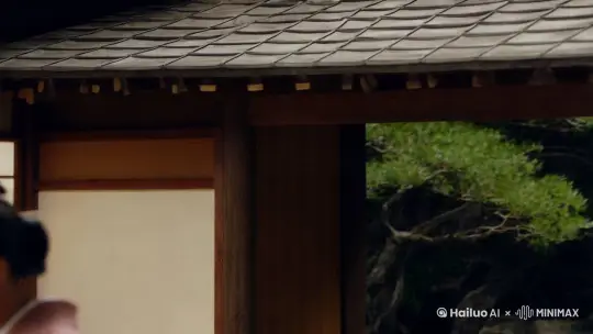 模仿电影,镜头从茶室外缓缓推近，进入茶室。一位女子在茶室里倒茶,放下茶杯,把茶端给桌子对面的男人,女子附身鞠躬 by Hailuo AI Video Generator