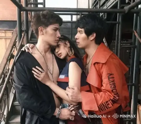 三个角色,黑色衣服的男生低头亲吻了女生,橙色衣服的男生笑着望着他两 by Hailuo AI Video Generator