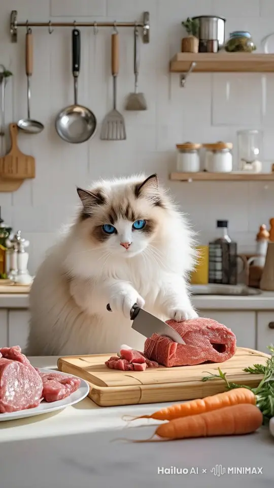 猫开心的切肉，切了四五刀 by Hailuo AI Video Generator