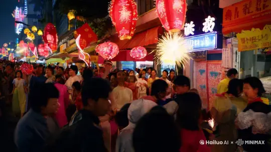 电影镜头,广角一群人在街上跨年,镜头聚焦到人群中的一个小男孩在放鞭炮 by Hailuo AI Video Generator