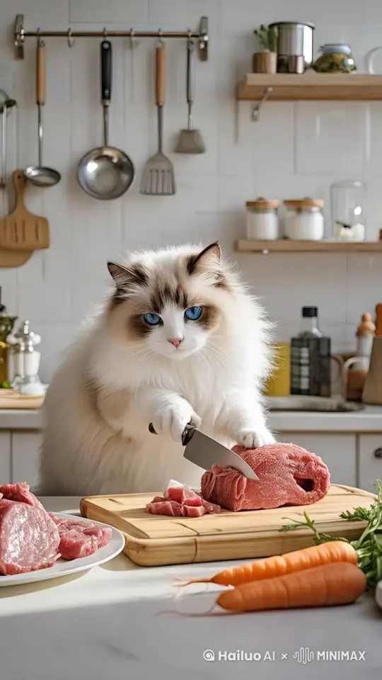 布偶猫切肉，刀切下去，肉切下来，肉倒在菜板上 连续切duo xie by Hailuo AI Video Generator