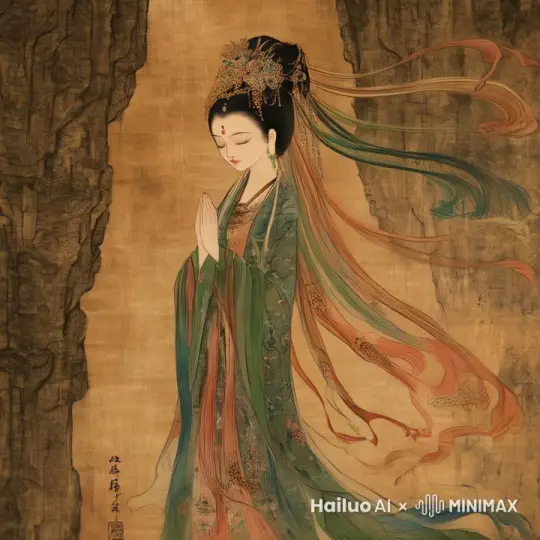 衣服和配饰在自然的摆动，眼睛睁开，头向右转 by Hailuo AI Video Generator