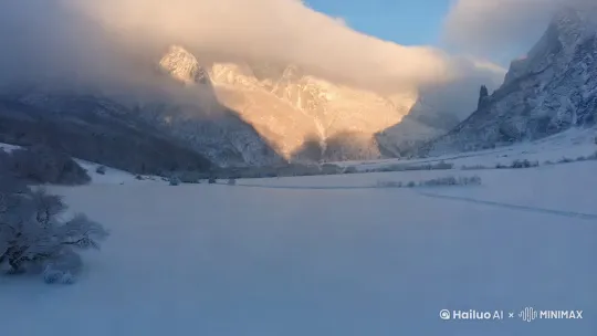 镜头以与地面成45度角的姿态，超广角镜头；在深冬寒冷崇山峻岭中，在暴风雪的山沟里向山沟深处高速飞行，镜头随地势起伏；雪野，雾凇，纯净的仙境的意境，崇山峻岭，厚厚的积雪，深冬寒冷的冰面，清晨阳光的照射使淡淡的白气折射出多彩的光芒。背景是连绵不断的千里冰封的山脉，万里雪飘的大地。壮阔的景象。 by Hailuo AI Video Generator